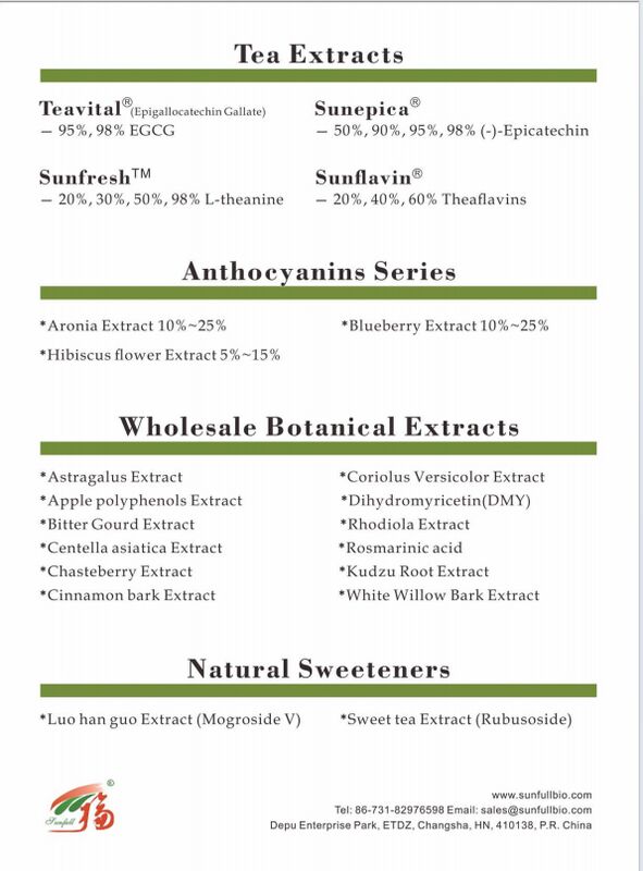 Hunan Sunfull Biologische kruiden Ingrediënten Theaflavinen 10~40% EGCG 40% Catechines 70% Theepolyfenolen 98% Groene Thee Extract